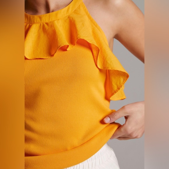Maeve Anthropologie Mango Orange Ribbed Ruffle Tank Top - Picture 4 of 11